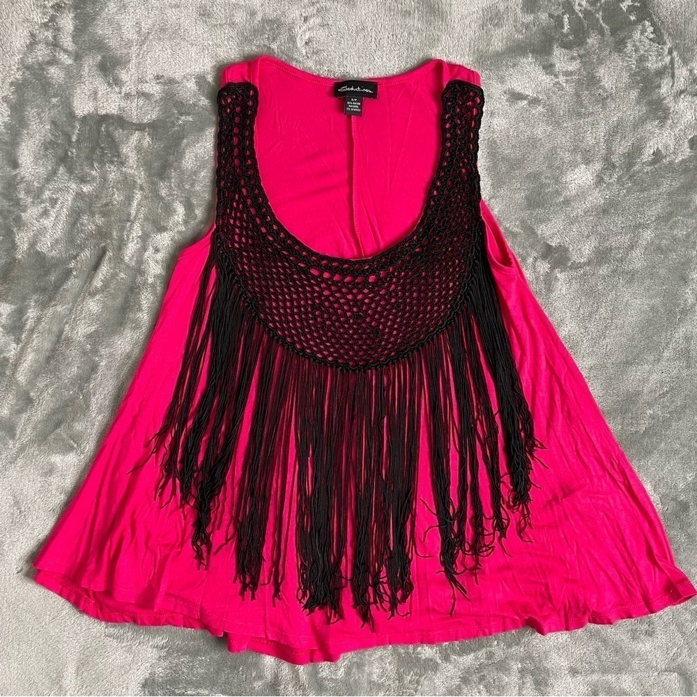 Seductions Hot Pink Fringe Tank Top Crochet Scoop Neck Size Small Boho